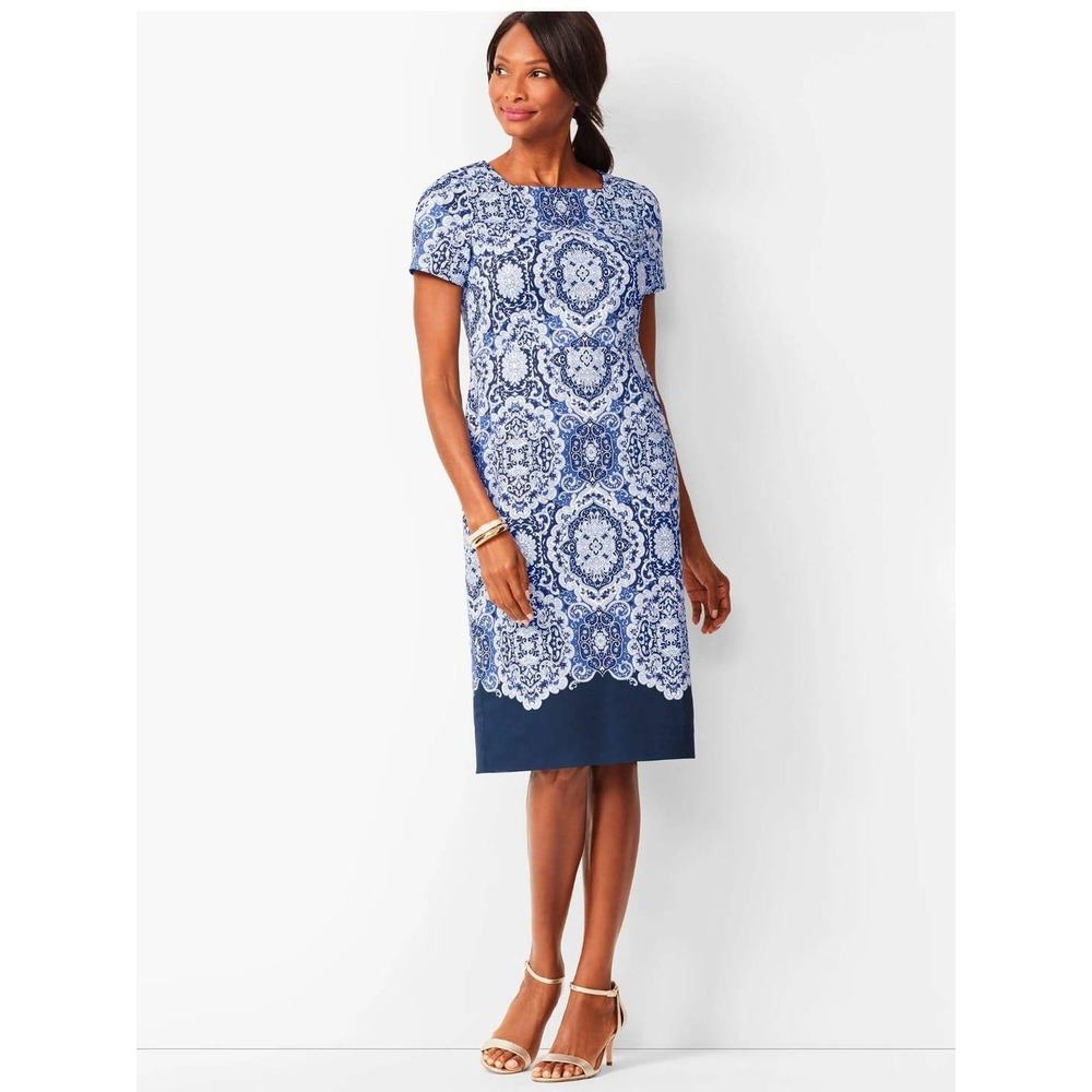 Talbots Sheath Dress Medallion Print‎ Square Neck Short Sleeve Navy Blue Size 16